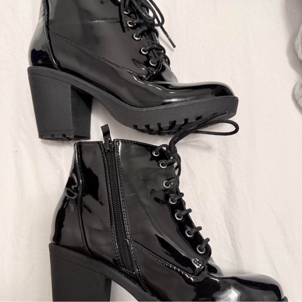 Black Patent Lace-Up Block Heel Booties